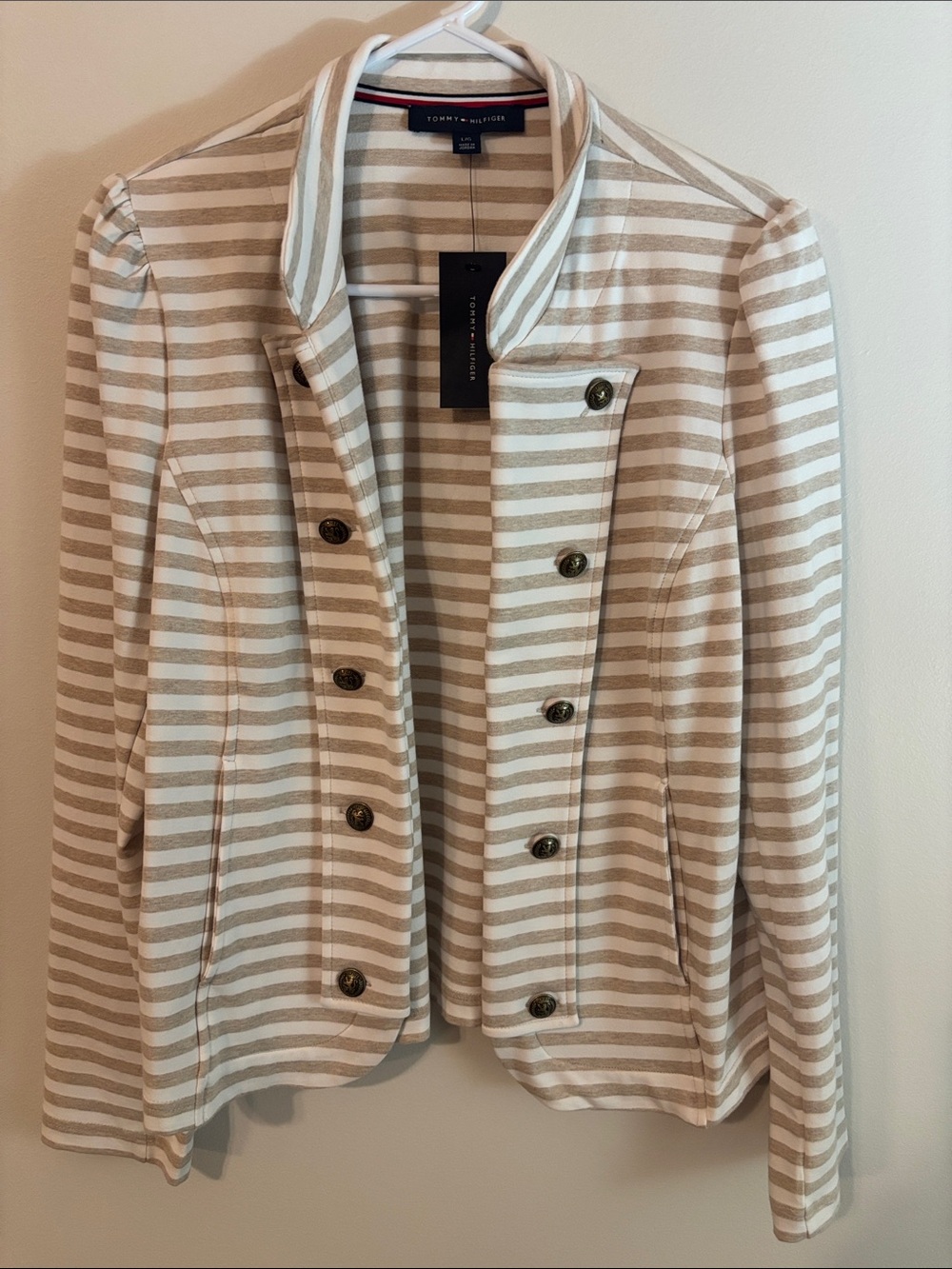 Tommy Hilfiger Women's Cream and White Striped Double-Breasted Jacket
